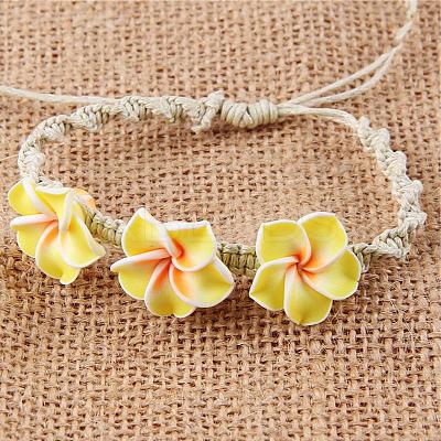 Plumeria Flower Polymer Clay Beads Braided Bead Bracelets for Women FS-WG73C89-06-1