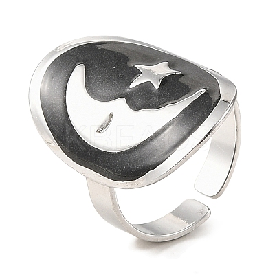 Oval & Moon 304 Stainless Steel Enamel Open Cuff Rings for Women RJEW-F166-29P-01-1