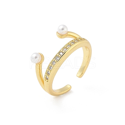 Brass Micro Pave Cubic Zirconia ABS Imitation Pearl Cuff Rings RJEW-D307-02G-C-1
