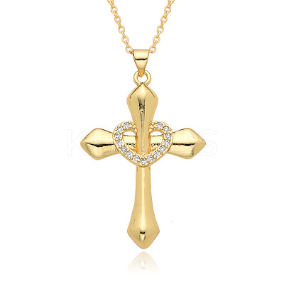 Brass Micro Pave Clear Cubic Zirconia Cross with Heart Pendant Necklaces FS-WG8523C-05-1