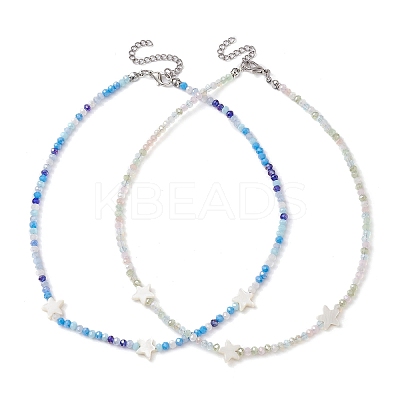 2Pcs 2 Color Glass & Natural Shell Star Beaded Necklaces Set NJEW-JN04646-01-1