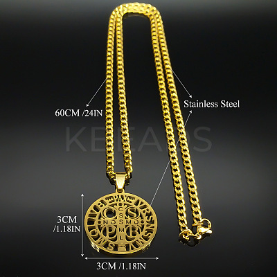 201 Stainless Steel Saint Benedict Medal Pendant Necklaces with Cuban Link Chains for Men FS-WG2A1DE-02-1