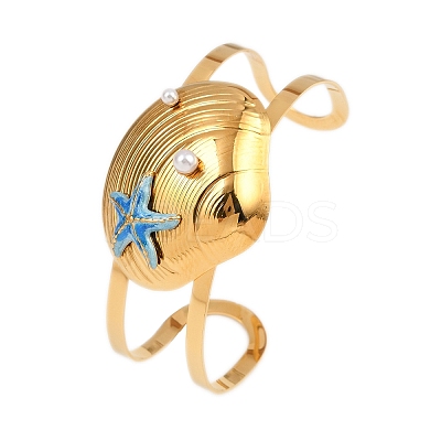 Shell Shape 304 Stainless Steel Enamel Cuff Bangles for Women LS-BJEW-A049-04B-G-1