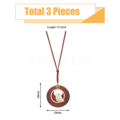 3Pcs 3 Colors Alloy Flat Round with Bird Pendant Necklaces Set with Faux Suede Cords NJEW-FI0001-30-1