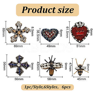 6Pcs 6 Style Bees Flower Heart Handicraft Acrylic Beaded Appliques PATC-GO0001-07-1