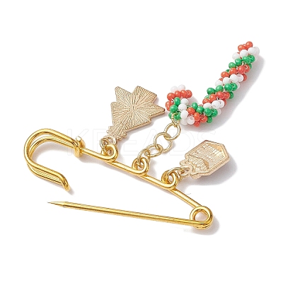 Candy Cane & Christmas Tree & Gift Glass Seed Beads & Alloy Enamel Pendant Kilt Pins JEWB-MZ00003-1