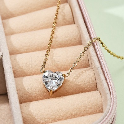 304 Stainless Steel Crystal Cubic Zirconia Heart Pendant Necklaces for Women NJEW-Z064-03G-1
