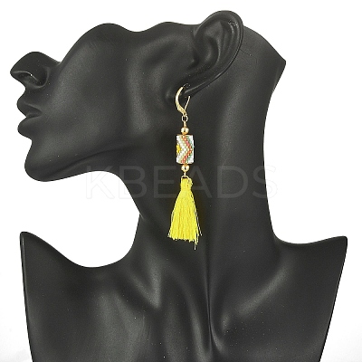 Glass Seed Braided Column with Tassel Dangle Leverback Earrings EJEW-MZ00056-1
