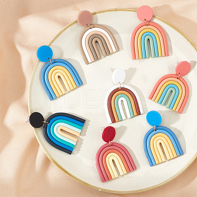 6 Pairs 6 Colors Polymer Clay Arch Dangle Stud Earrings for Women EJEW-AN0004-33-1