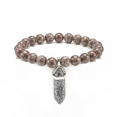 Natural Snowflake Obsidian Round Beaded Stretch Bracelet with Bullet Shape Charm BJEW-JB08310-04-1
