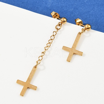 Christian Upside Down Cross 201 Stainless Steel Dangle Stud Earrings LS-EJEW-P314-01C-G-1