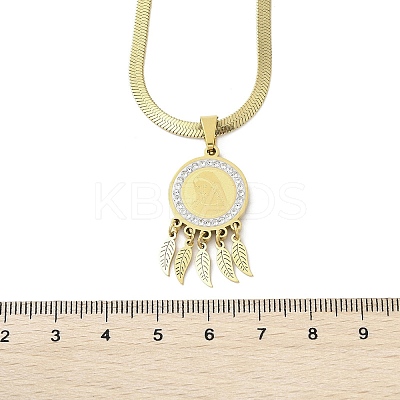 201 Stainless Steel Clear Cubic Zirconia Flat Round Virgin with Feather Pendant Necklaces NJEW-H055-02G-1