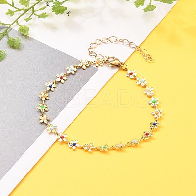 Brass Enamel Flower Link Chain Anklets AJEW-AN00316-1