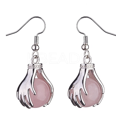 Natural Rose Quartz Palm Dangle Earrings EJEW-A092-09P-18-1