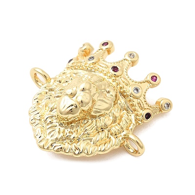 Brass Micro Pave Colorful Cubic Zirconia Lion Head Connector Charms KK-H529-12G-1