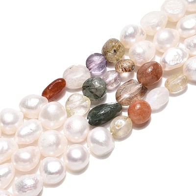 Natural Mixed Gemstone Nuggets & Natural Cultured Freshwater Pearl Beads Strands PEAR-N023-01A-12-1