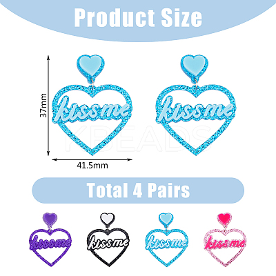 4 Pairs 4 Colors Heart with Word Kiss Me Acrylic Dangle Stud Earrings EJEW-FI0002-34-1