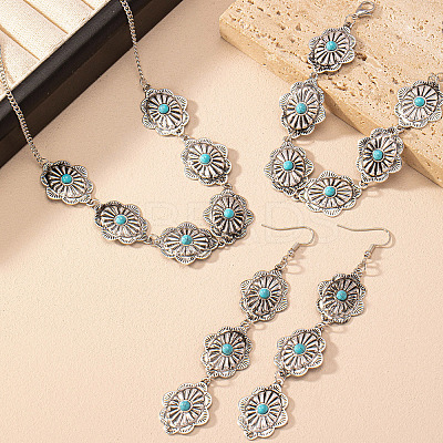 Oval Alloy & Synthetic Turquoise Pendant Necklaces & Dangle Earrings & Link Bracelets Sets FS-WGAAC5F-01-1