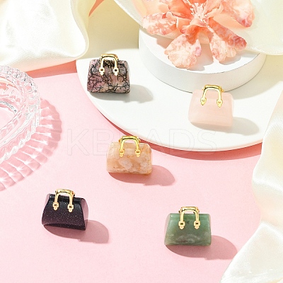 5Pcs 5 Styles Synthetic Blue Goldstone & Natural Cherry Blossom Agate & & Green Aventurine & Rose Quartz & Rhodonite Brass Pendants KK-YW0003-41-1
