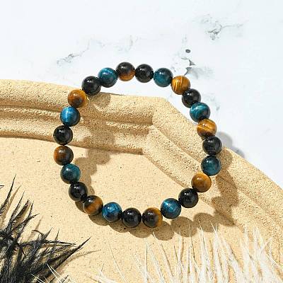 Dyed Natural Tiger Eye & Black Onyx Round Beaded Stretch Bracelets for Women BJEW-TA00438-1