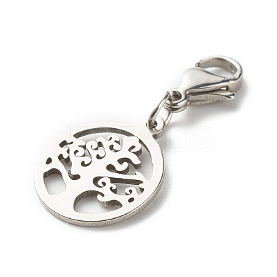 Tarnish Resistant Round Ring with Tree 304 Stainless Steel Filigree Pendant Decorations HJEW-JM00573-01-1