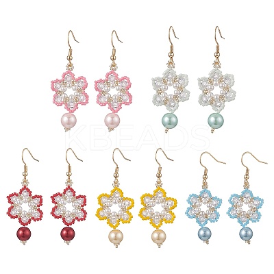 Glass Seed & Shell Pearl & Acrylic Braided Flower Dangle Earrings EJEW-MZ00071-1