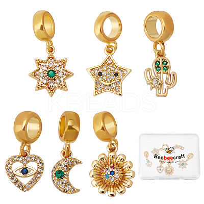 6Pcs 6 Style Brass Cubic Zirconia European Dangle Charms KK-BBC0001-92-1