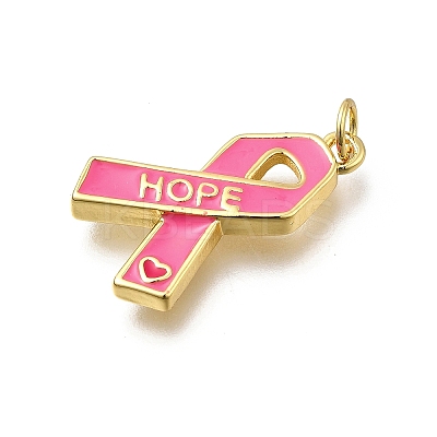 October Breast Cancer Pink Awareness Ribbon Brass Enamel Pendants KK-G525-10G-06-1