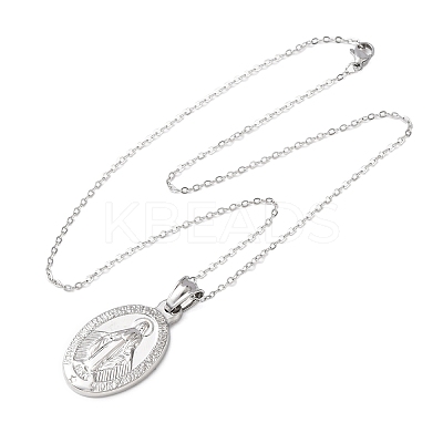 304 Stainless Steel Oval with Virgin Mary Pendant Necklaces for Women NJEW-B149-02P-1