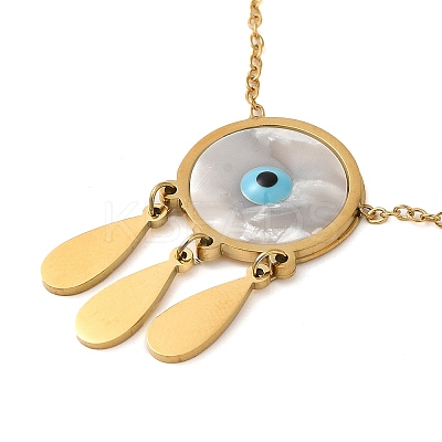 Woven Net with Evil Eye Natural Shell with Enamel Pendant Necklaces NJEW-E104-02G-1