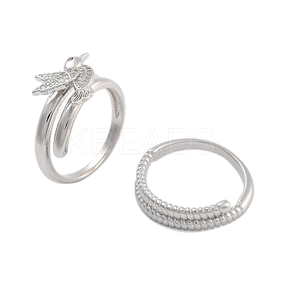 Brass Micro Pave Cubic Zirconia Bird Open Cuff Rings Set for Women RJEW-U002-11P-1