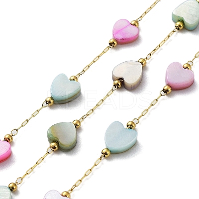 Colorful Natural Shell Heart & Brass Beaded Link Chains CHS-C008-04G-1
