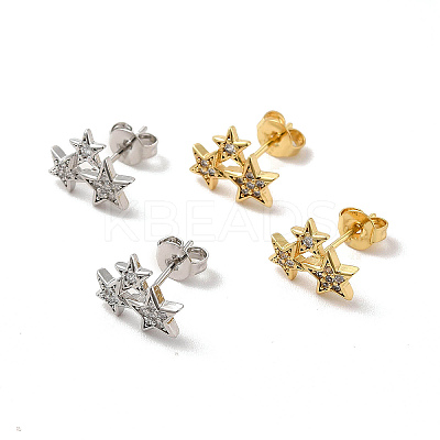 Rack Plating Brass Micro Pave Clear Cubic Zirconia 3 Star Stud Earrings EJEW-F301-21-1