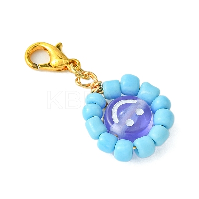 Flat Round with Smiling Face Glass Seed Pendant Decorations HJEW-MZ00092-1