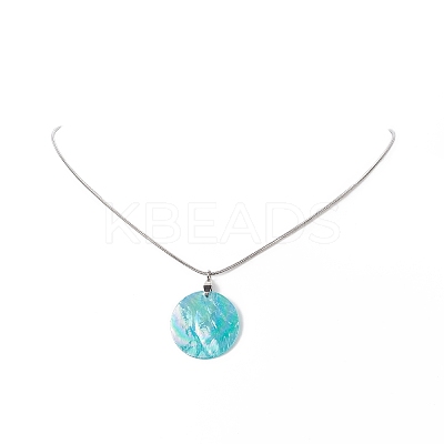 Natural Shell Flat Round Pendant Necklace with Round Snake Chains NJEW-JN04219-1