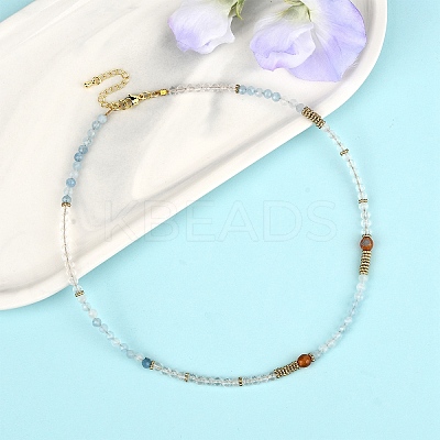 Natural Aquamarine & Quartz Crystal & Carnelian Faceted Round Beaded Necklaces NJEW-YW00007-1