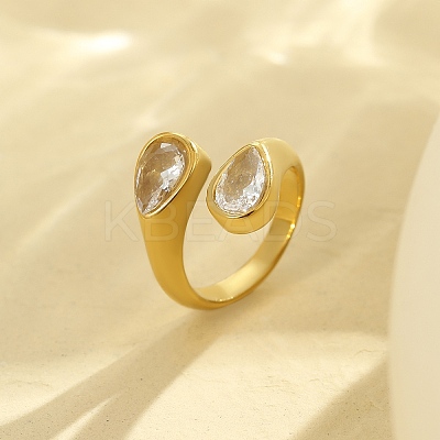 304 Stainless Steel with Clear Cubic Zirconia Cuff Rings for Women RJEW-G359-01G-1