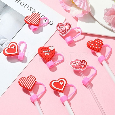 12Pcs 6 Styles Valentine's Day Theme PVC & Silicone Dustproof Straw Cap AJEW-CJ0001-26-1