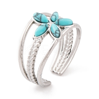 Flower 304 Stainless Steel Open Cuff Rings RJEW-G314-02P-1