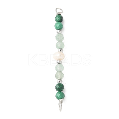 Faceted Round Natural Green Aventurinee & Malachite & Potato Natural Cultured Freshwater Pearl Beaded Connector Charms PALLOY-JF03532-03-1
