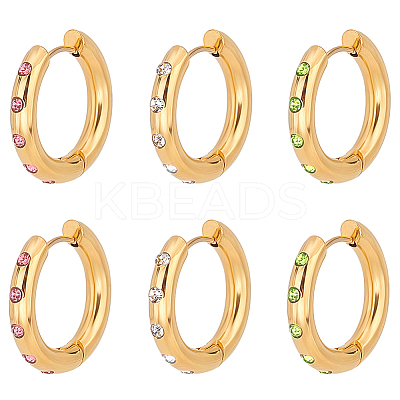 3Pairs 3 Colors Real 18K Gold Plated 304 Stainless Steel Huggie Hoop Earrings with Cubic Zirconia EJEW-PH0001-27-1