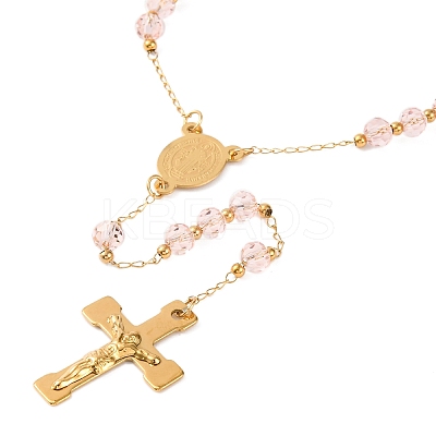 Ion Plating(IP) Crucifix Cross 304 Stainless Steel Rosary Bead Necklaces NJEW-M075-03G-02-1
