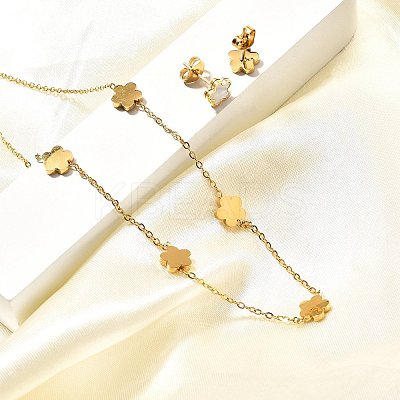 Flower 304 Stainless Steel Shell Necklaces & Stud Earring Set for Women SJEW-C007-05G-1