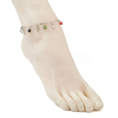 3Pcs 3 Colors Handmade Evil Eye Lampwork & 304 Stainless Steel Cross Tassel Bar Link Chain Anklets for Women AJEW-AN00741-1