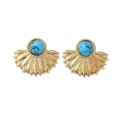 Fan 304 Stainless Steel Synthetic Turquoise Stud Earrings for Women EJEW-U046-17B-G-1