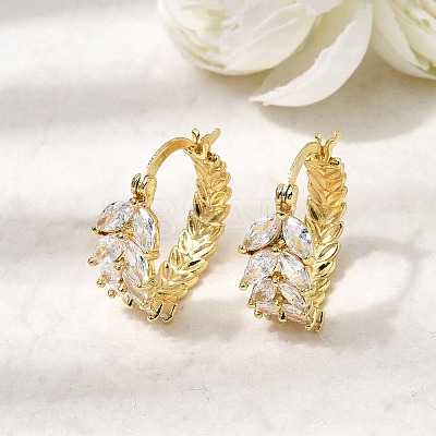 Leaf Brass Micro Pave Cubic Zirconia Hoop Earrings EJEW-P333-03G-1