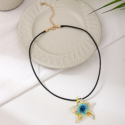 Summer Beach Starfish Transparent Glass Pendant Black Waxed Cord Necklaces for Women FS-WG29C72-01-1
