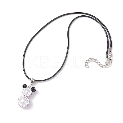 Glass Seed Beads & Glass Pearl Round Beaded Bear Pendant Waxed Cotton Cord Necklaces for Women Men NJEW-MZ00126-1