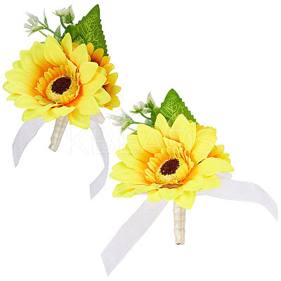 2Pcs Artificial Silk Sunflower Boutonniere Brooch JEWB-CP0001-01-1