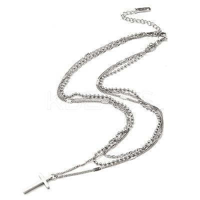 Non-Tarnish 304 Stainless Steel Rope & Ball & Curb Chains Triple Layer Necklaces BJEW-K257-02P-1